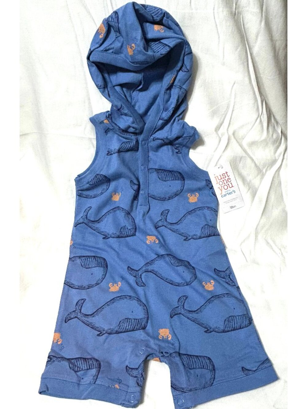 18 month Carter's Whale Sleeveless Shorts Romper Hood One-piece BRAND NEW NWT